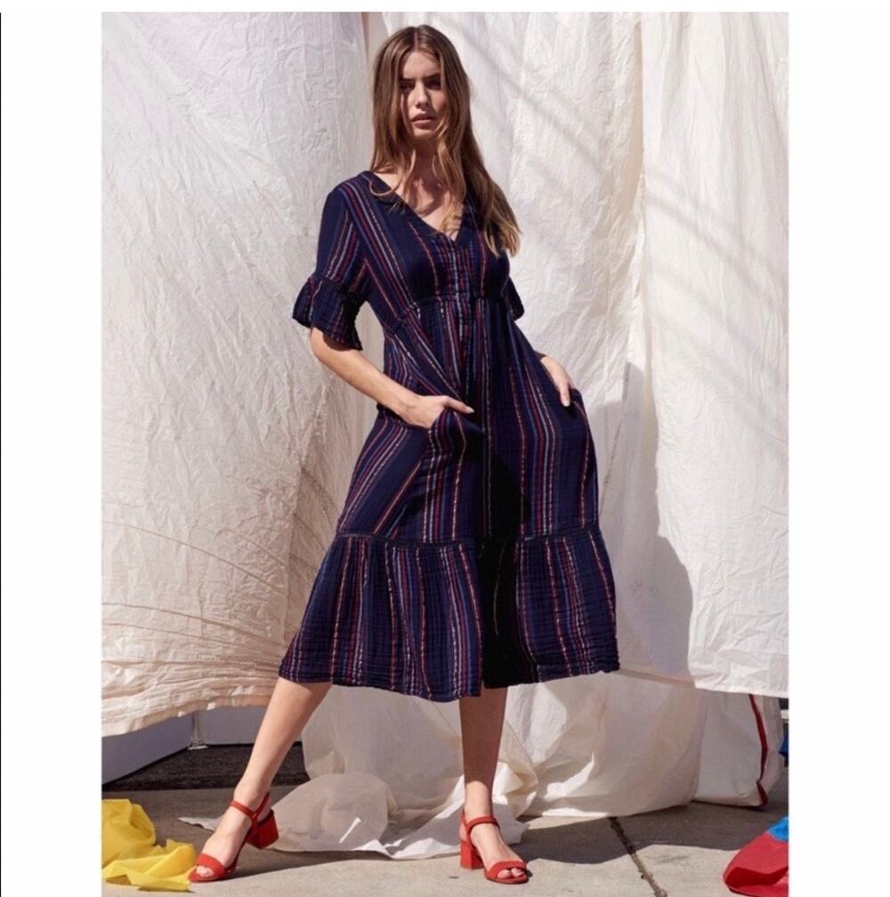 SUNDRY Ruffle Gauze Peasant Boho Button Down Midi Dress in Navy, 1/Small/4-6